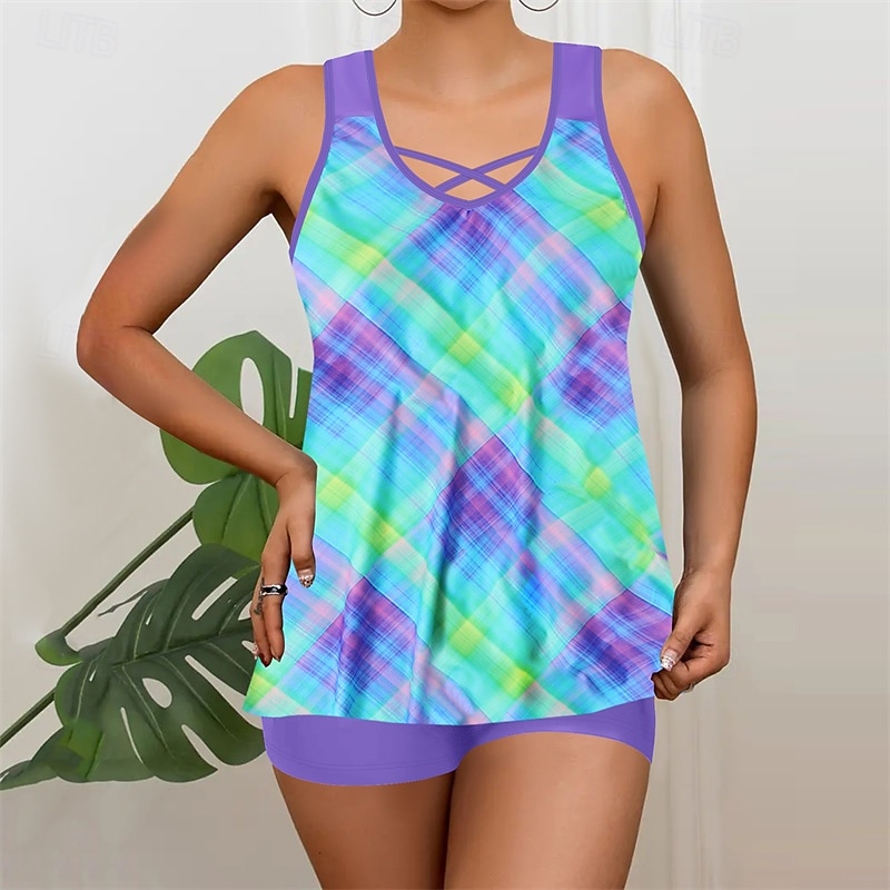Women's Tankini Two Piece Swimsuit V Neck Swimwear Swimwear White Blue Breathable Quick Dry Lightweight Sleeveless - Swimming Surfing Beach Summer Spring