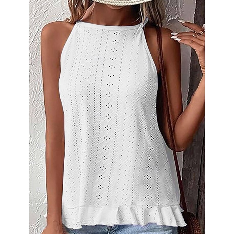 Women's Camisole Tank Top Solid Color Stylish Casual Sleeveless Halter Neck Regular Tops Daily Eyelet Black White Sky Blue Summer