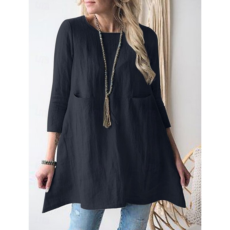 Women's Shirt Linen-Inspired Shirts Blouse Solid Color Stylish Casual 3/4 Length Sleeve Crew Neck Regular Tops Daily Pocket Black Khaki Summer