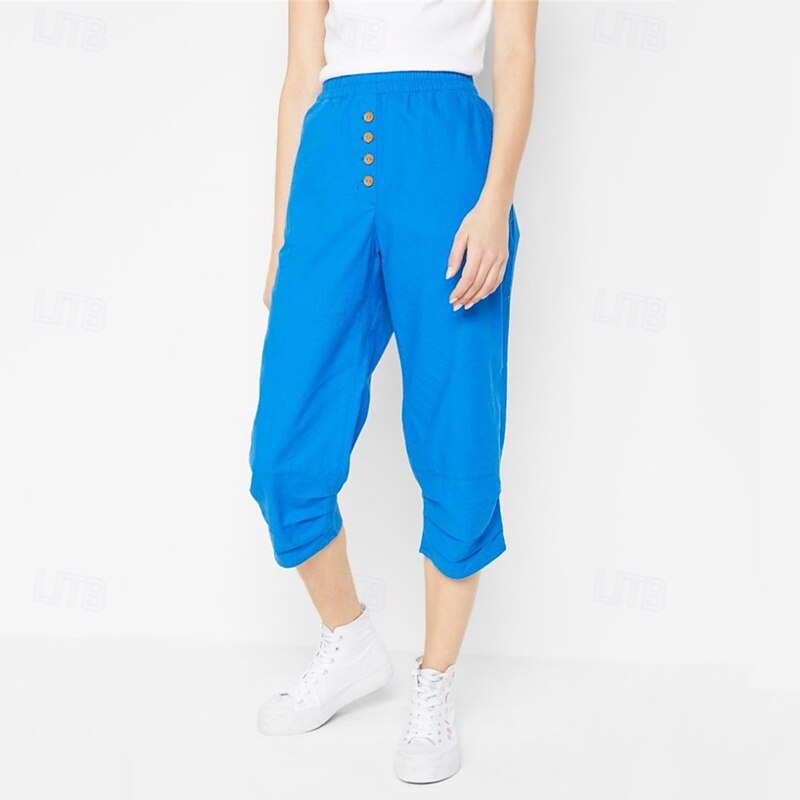 Women's Cotton Linen Pants Lightweight Casual Ankle-Length Mid Rise Plain Pocket Breathability Comfortable Inelastic Casual Daily Weekend Black White Blue Summer Spring Regular Fit2