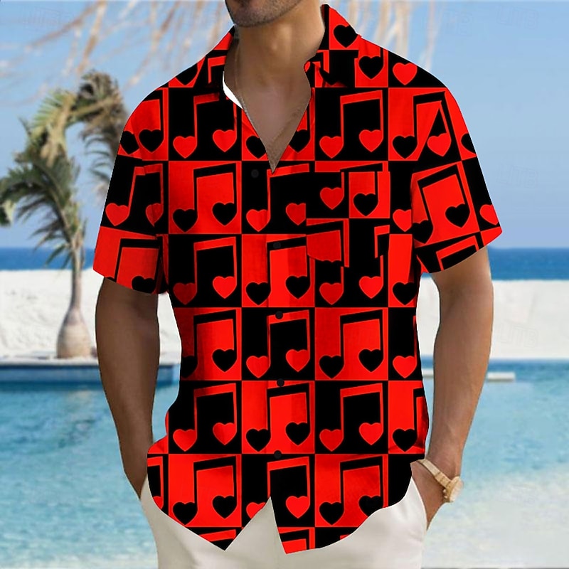 Valentine's Day Men's Heart Musical Notes Shirt Button Up Shirt Short Sleeve Fashion Casual Vacation Gift Holiday Summer Fall Turndown 3D Print Red