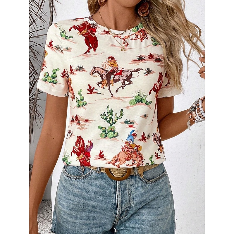 Women's T Shirt Horse Casual Short Sleeve Round Neck Regular Tops Daily Print off-white Summer3