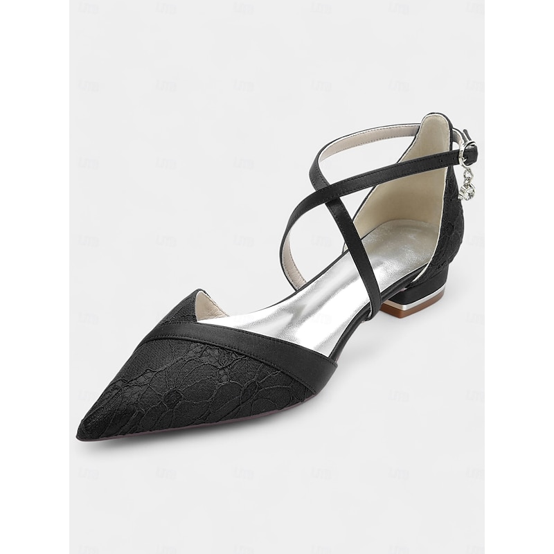 Navy Blue Satin Cross-Strap Low Heel Shoes with Lace Overlay for Women's Formal Events and Wedding3