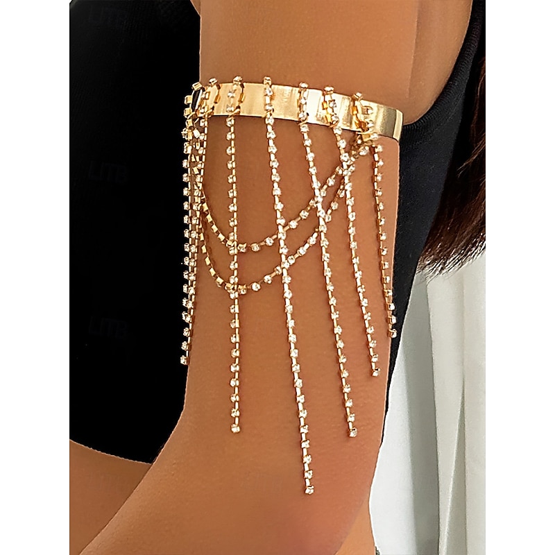Women's Gold Chain Arm Cuff Bracelet – Elegant Adjustable Upper Arm Jewelry with Rhinestone Tassels and Dangle Chains for Parties and Special Occasions - Main Image