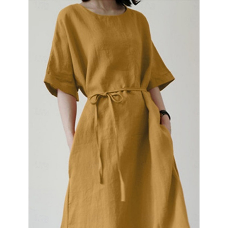 Women's Mini Dress Cotton Linen Dresses Casual Dress Basic Casual Vacation Daily Regular Fit Plain Half Sleeve Crew Neck Black Yellow Blue Summer4