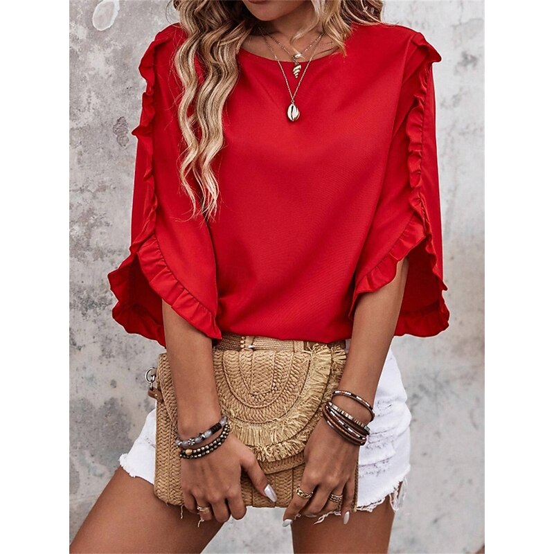 Women's Blouse Solid Color Elegant Daily Stylish 3/4 Length Sleeve Crew Neck Regular Tops Work Daily Holiday Black Red Green Khaki Summer Spring Fall