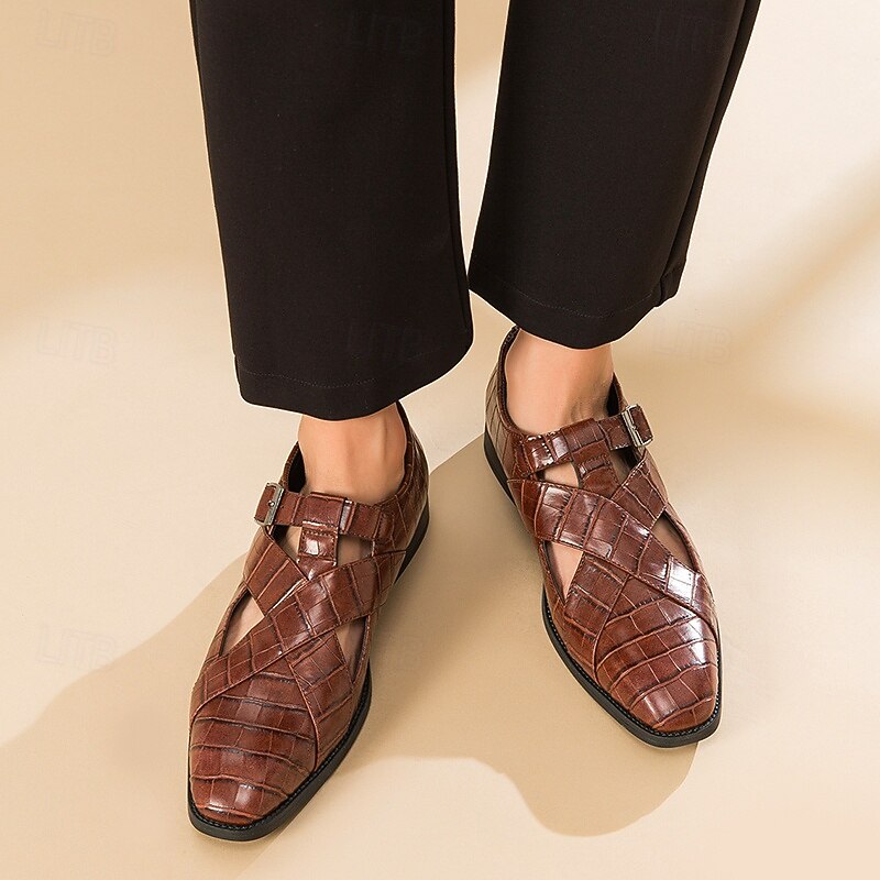 Men's Brown Crocodile Pattern Faux Leather  Sandals – Elegant Breathable Formal Shoes for Summer Weddings and Parties4