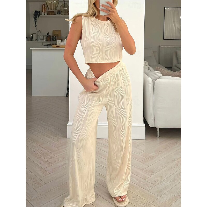 Women's Daily Tank Top Wide Leg Pants Sleeveless Crew Neck Casual Daily Green Beige Summer Regular Fit3