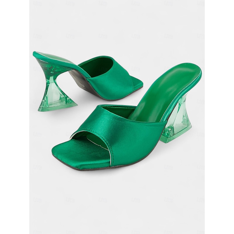 Green Satin Open-Toe Mules with Transparent Block Heels for Women - Chic Summer Party Shoes