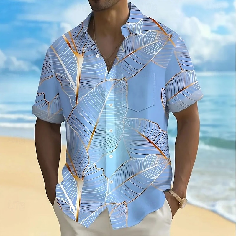 OUKU Men's Palm Leaf Tropical Plants Summer Hawaiian Shirt Button Up Shirt Short Sleeve Hawaiian Resort Vacation Holiday Beach Wear Summer Spring Turndown Collared Shirts Front One Pocket Pink Blue4