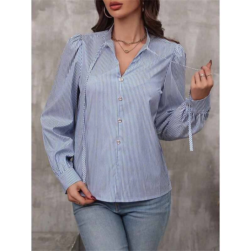 Women's Shirt Blouse Striped Stylish Casual Long Sleeve V Neck Regular Tops Work Daily Going out Patchwork Pink Blue Green Khaki Summer Spring Fall4