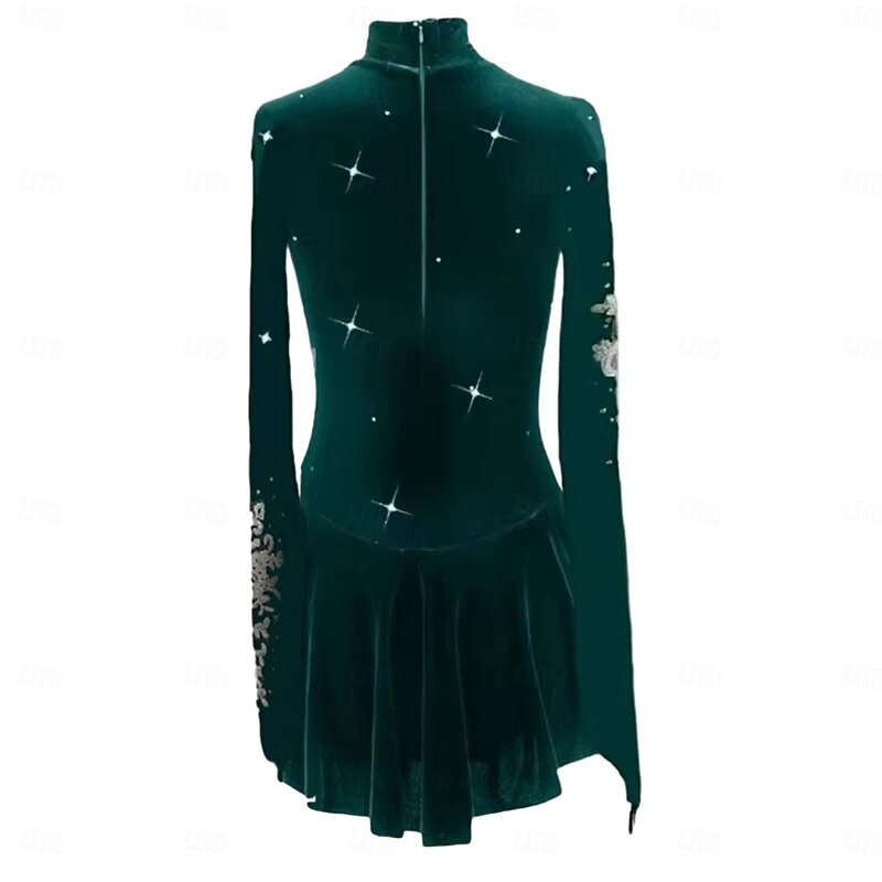 Figure Skating Dress Women's Girls' Ice Skating Dress Black Dark Green Thumbhole Halo Dyeing Mesh Spandex Stretchy Training Practice Professional Skating Wear Thermal Warm Classic Crystal / Rhinestone2