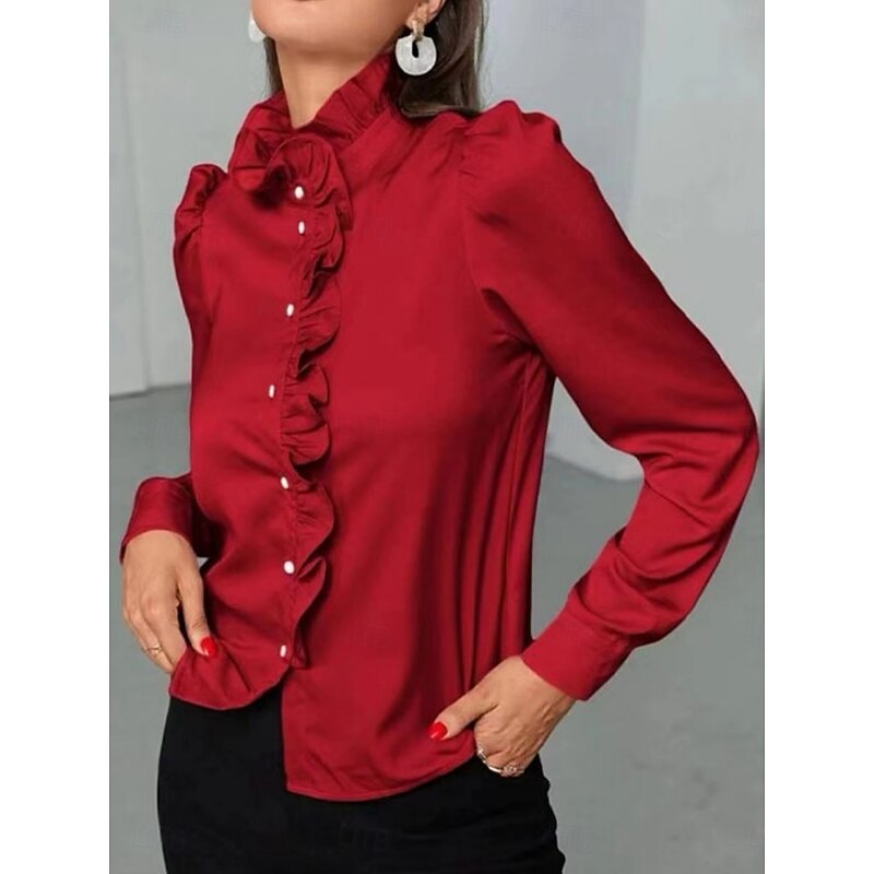 Women's Shirt Blouse Solid Color Business Modern Casual Long Sleeve Turtleneck Regular Tops Work Formal Wear Ruffle Buttons White Red Summer Spring