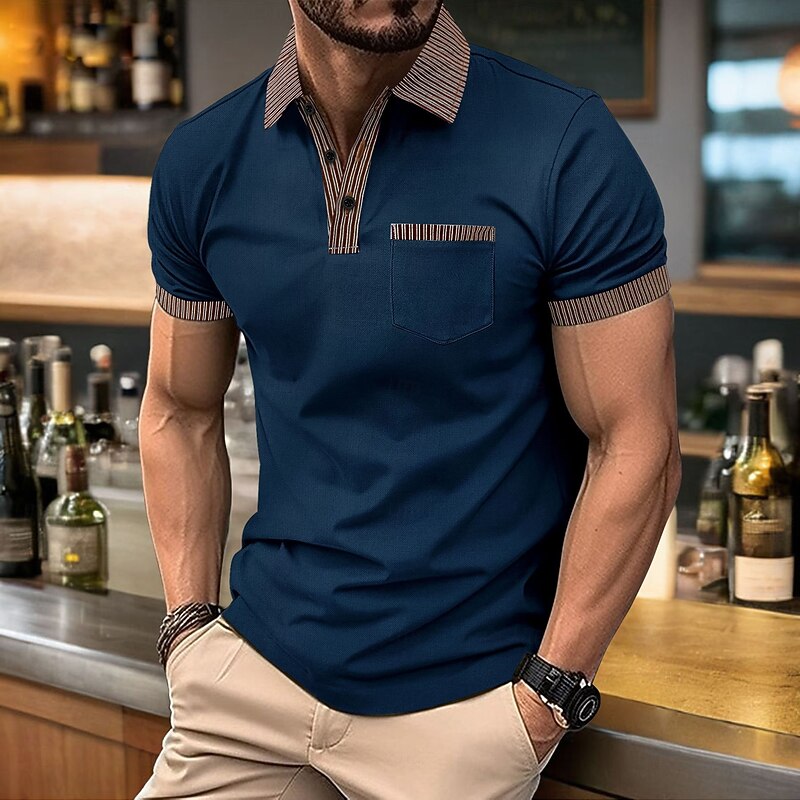 Men's Business Polo Golf Shirt Business Casual Lapel Classic Short Sleeve Color Block Stripes Buttons Summer Spring &  Fall Black Red Navy Blue Gray Business Polo2