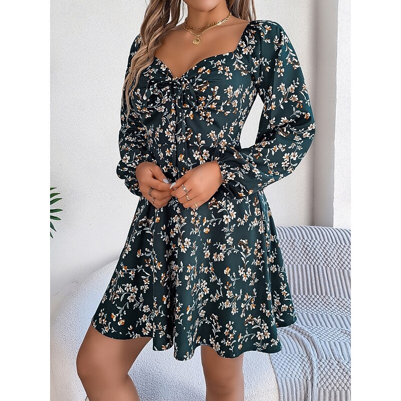 Women's Mini Dress Casual Dress A Line Dress Stylish Casual Vacation Daily Regular Fit Floral Long Sleeve Square Neck Dark Green Spring Fall3