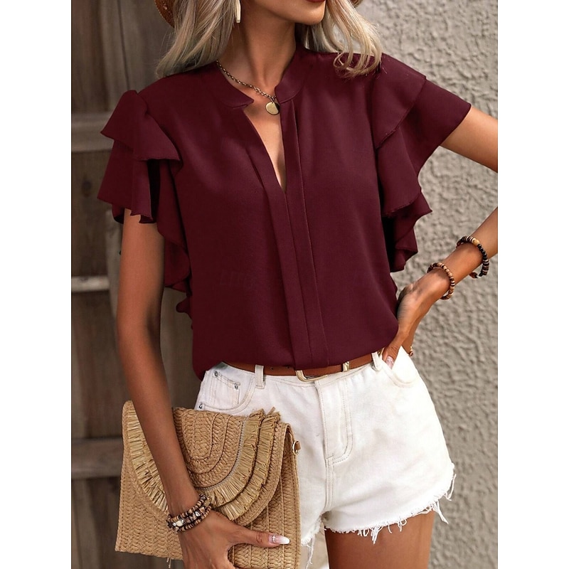 Women's Shirt Blouse Solid Color Stylish Casual Short Sleeve Notched Neck Regular Tops Daily Ruffle Pink Wine Summer