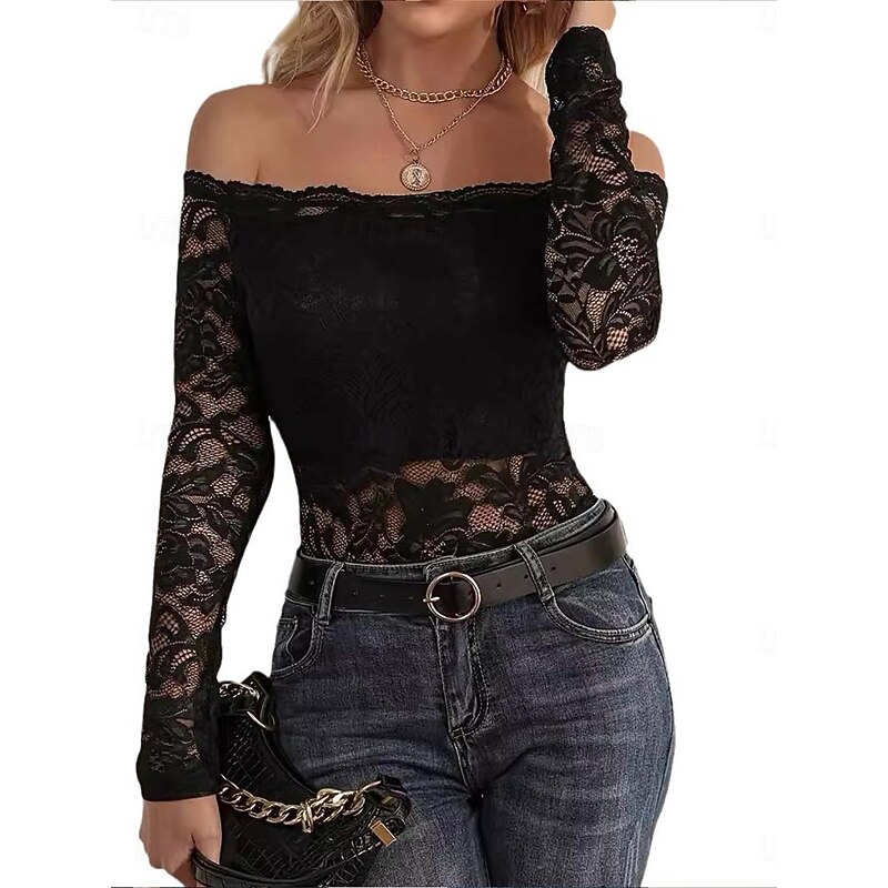 Women's Blouse Casual Long Sleeve Off Shoulder Regular Tops Lace claret Black Summer Spring3