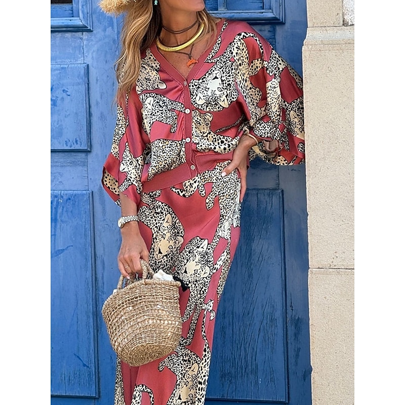 Women's Dress Set Casual Dress Skirt Set Casual Leopard Print Maxi Dress 3/4 Length Sleeve V Neck Outdoor Daily Fuchsia Summer Spring Regular Fit3