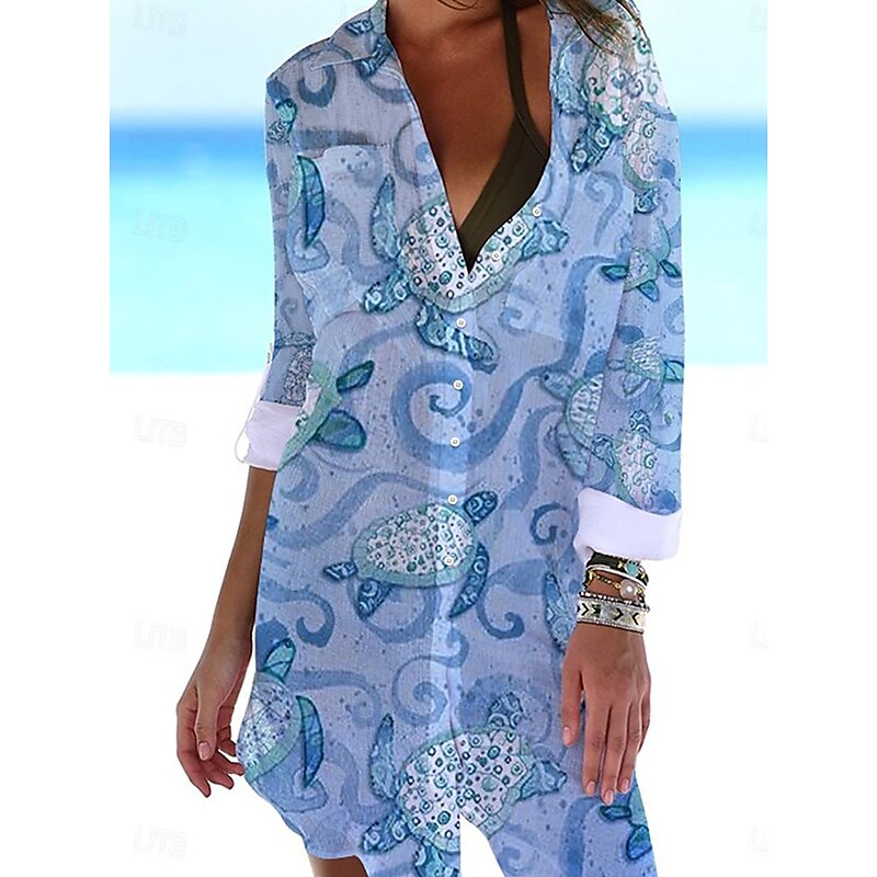 Women's Mini Dress Shirt Dress Cover Up Beach Wear Mini Dress Pocket Print Fashion Casual Fish Turndown 3/4 Length Sleeve Loose Fit Outdoor Daily White Blue 2023 Summer Spring S M L XL3