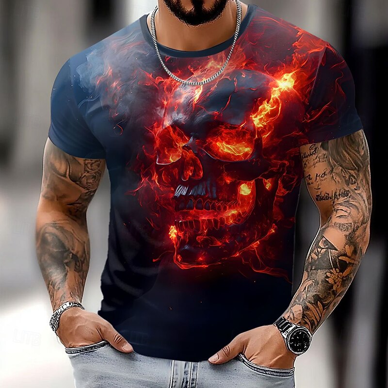 Men's Skull Flame T Shirt Short Sleeve T shirt 3D Print Crew Neck Shirt Exaggerated Designer Party Holiday Club Red Blue Summer Spring Clothing Apparel S M L XL XXL XXXL2