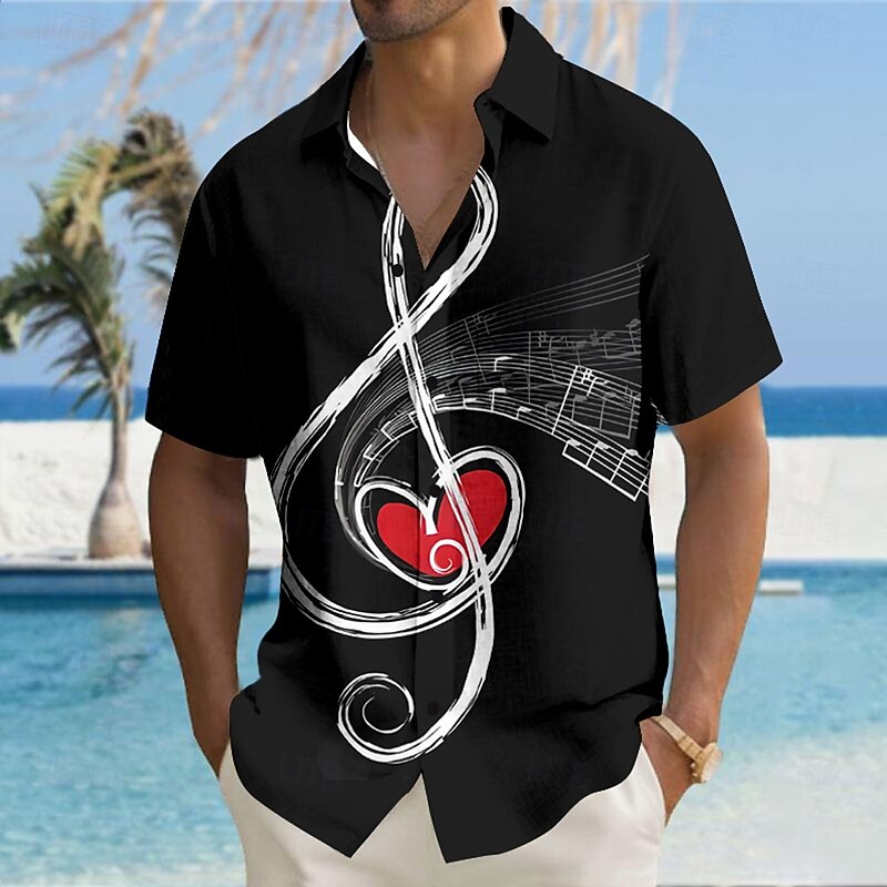 Men's Boardmasters Heart Musical Notes Shirt Button Up Shirt Short Sleeve Fashion Casual Gift Holiday Festival Summer Spring Turndown 3D Print Collared Shirts Black