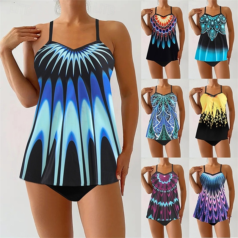 Women's Tankini Two Piece Swimsuit V Neck Swimwear Swimwear Yellow Royal Blue Breathable Quick Dry Lightweight Sleeveless - Swimming Surfing Beach Summer Spring Plus Size - Main Image