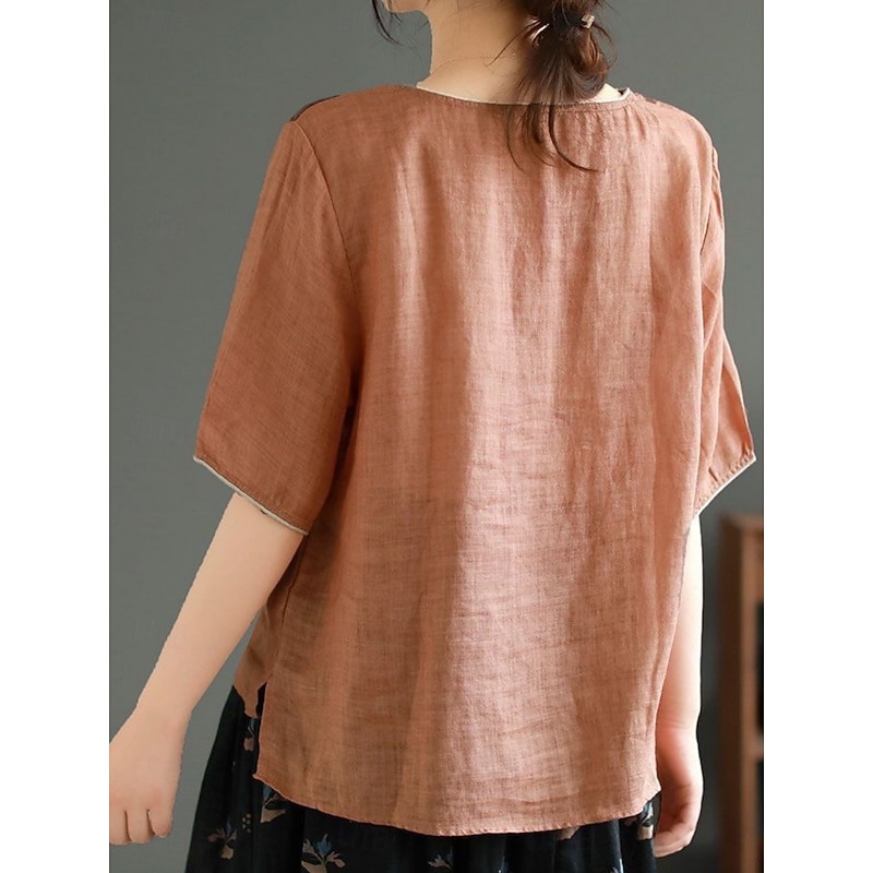 Women's Shirt Blouse Cotton Linen Shirts Feather Basic Casual Half Sleeve Crew Neck Regular Tops Daily Print White Pink Green Khaki Summer Spring4