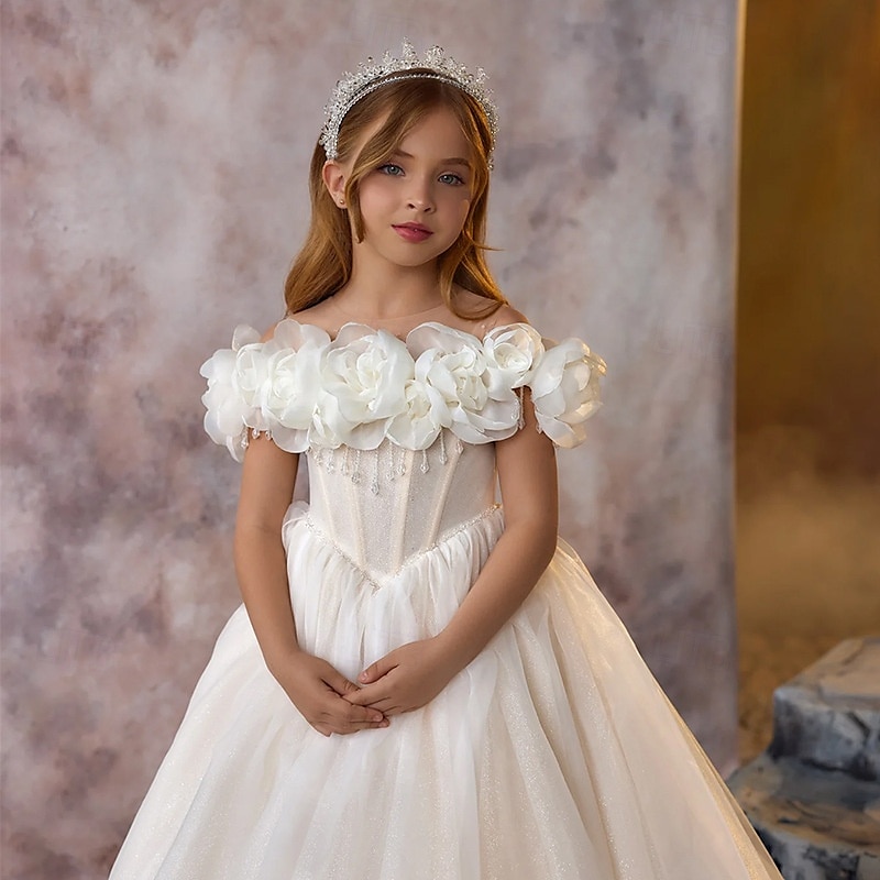 Flower Girl Dress Girls' Formal Dress First Communion Dress Party Dress Wedding Party Princess Sweet Christmas Carnival Ruched Solid Color Strapless Crew Neck White 4 years+2
