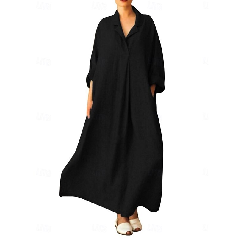 Women's Maxi Dress Cotton Linen Dresses Shirt Dress Casual Dress Basic Casual Vacation Daily Regular Fit Plain 3/4 Length Sleeve Shirt Collar Black Pink Summer