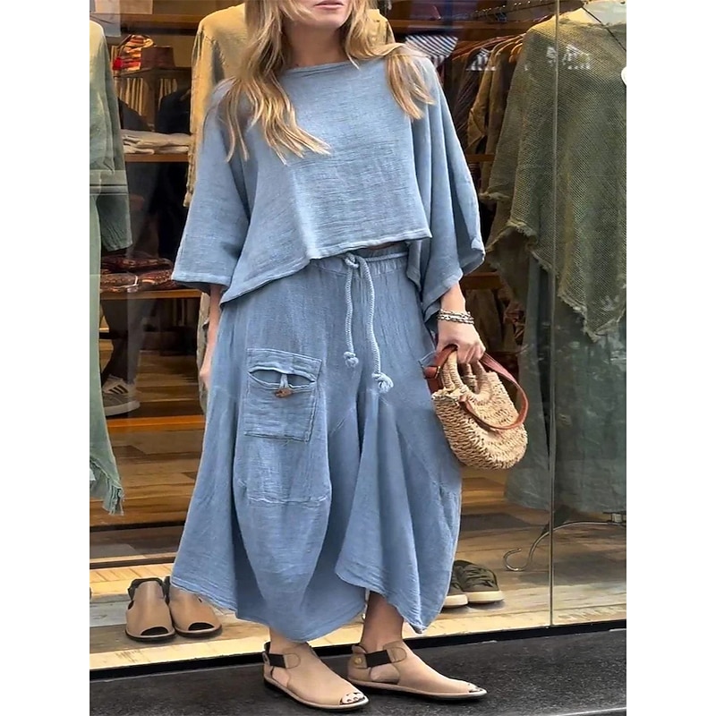 Women's Dress Set Casual Dress Skirt Set Casual Plain Pocket Midi Dress 3/4 Length Sleeve Crew Neck Outdoor Daily Blue Spring Fall Loose Fit