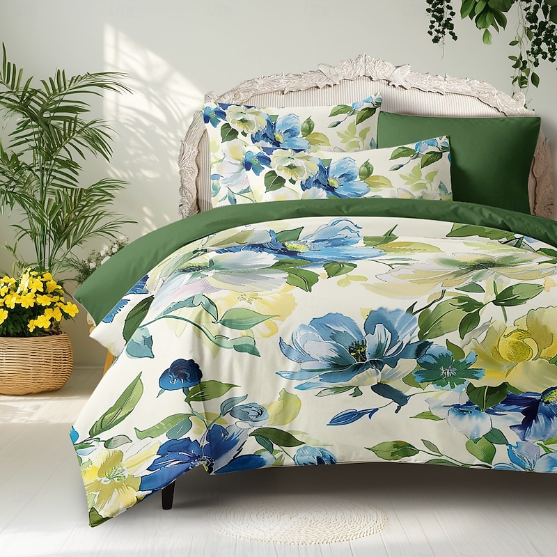 L.T.Home 100% Cotton Sateen Duvet Cover Set Reversible Premium 300 Thread Count Floral Elite Bedding Set