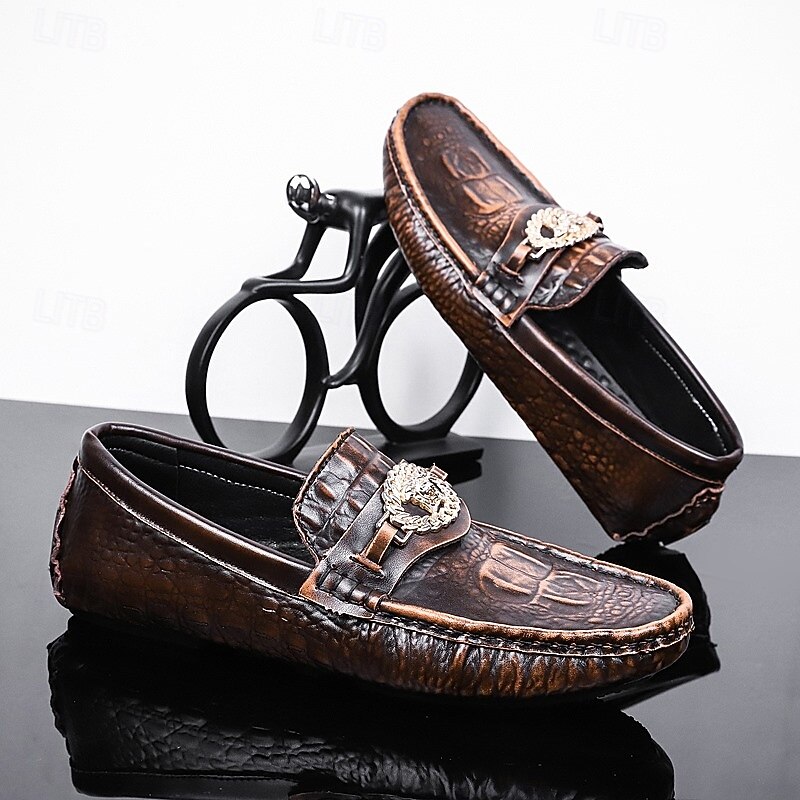 Men's Crocodile Pattern Faux Leather Loafers – Luxury Slip-On Dress Shoes with Metal Lion Decor for Formal and Casual Occasions2
