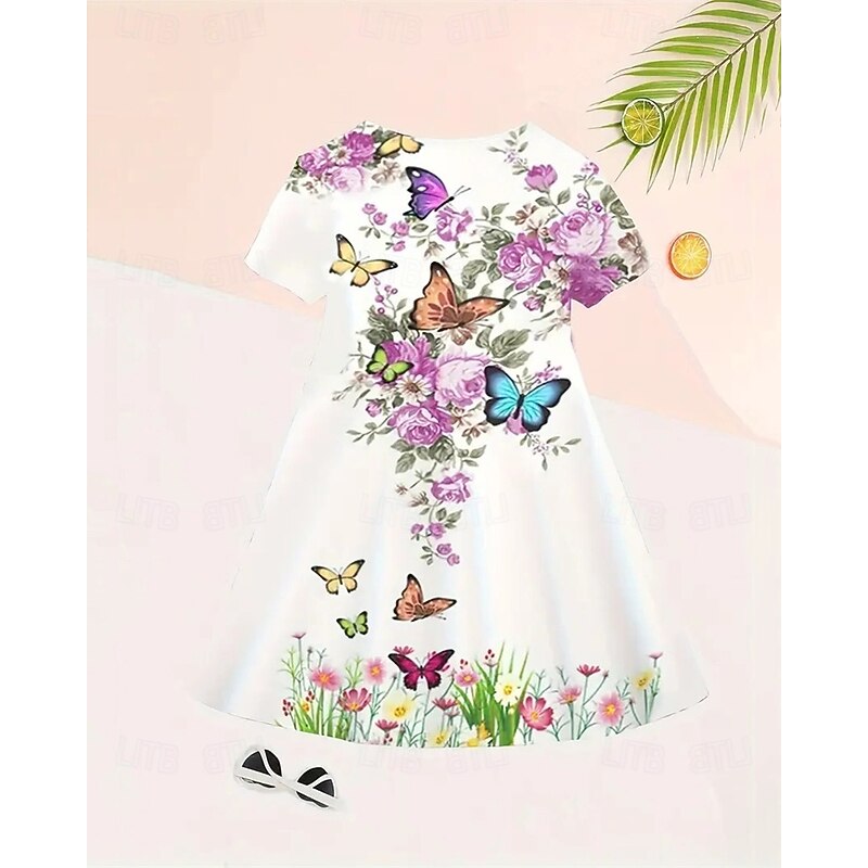 Girls' 3D Graphic Butterfly Dress Short Sleeve Summer Spring Vacation Daily Holiday Princess Beautiful Sweet Kids 4-12 Years Casual Dress A Line Dress Knee-length Regular Fit3