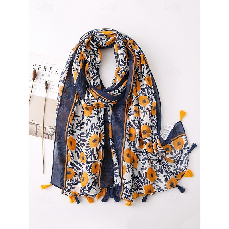 Floral Print Lightweight Scarf with Tassel Details, Boho Chic Style Wrap for Women, Perfect for Spring, Summer, and Casual Outfits2