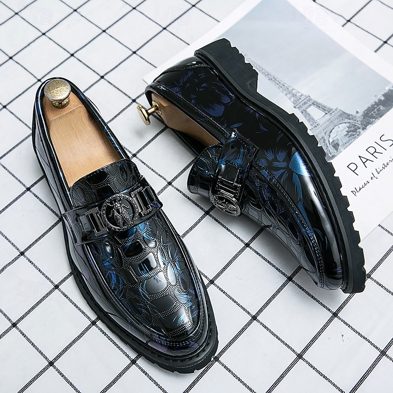 en's Floral Embossed Patent Leather Loafers with Metallic Buckle – Stylish Slip-On Shoes for Formal and Evening Wear2