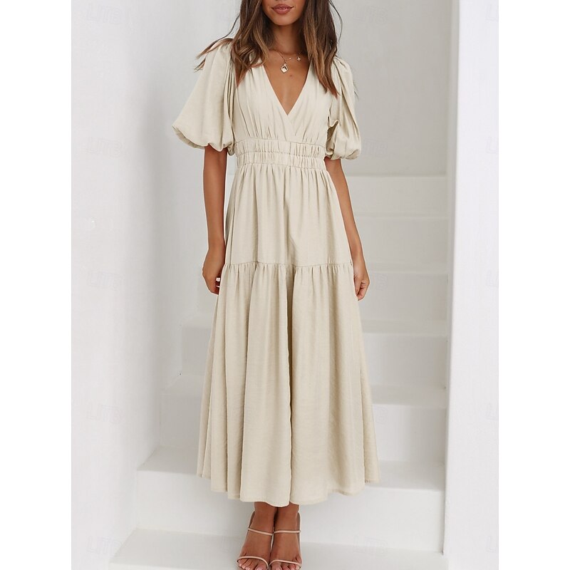 Women's Maxi Dress Casual Dress Swing Dress Basic Casual Vacation Daily Regular Fit Plain Short Sleeve V Neck Black Green Apricot Light Blue Summer