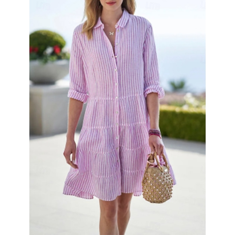 Women's Mini Dress Cotton Linen Dresses Shirt Dress Casual Dress Casual Vacation Daily Regular Fit Stripe 3/4 Length Sleeve Shirt Collar Pink Summer