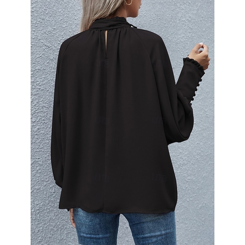 Women's Shirt Blouse Solid Color Stylish Casual Long Sleeve Turtleneck Regular Tops Daily Lace up Buttons Black Beige Summer3