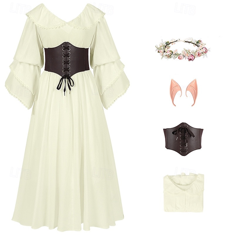 Retro Vintage Medieval Renaissance Dress Corset Outfits Viking Elven Fancy Dress Women's Carnival Costume Celtic Fantasy Halloween Carnival Performance Party LARP Adults' Dress Corset Earrings3