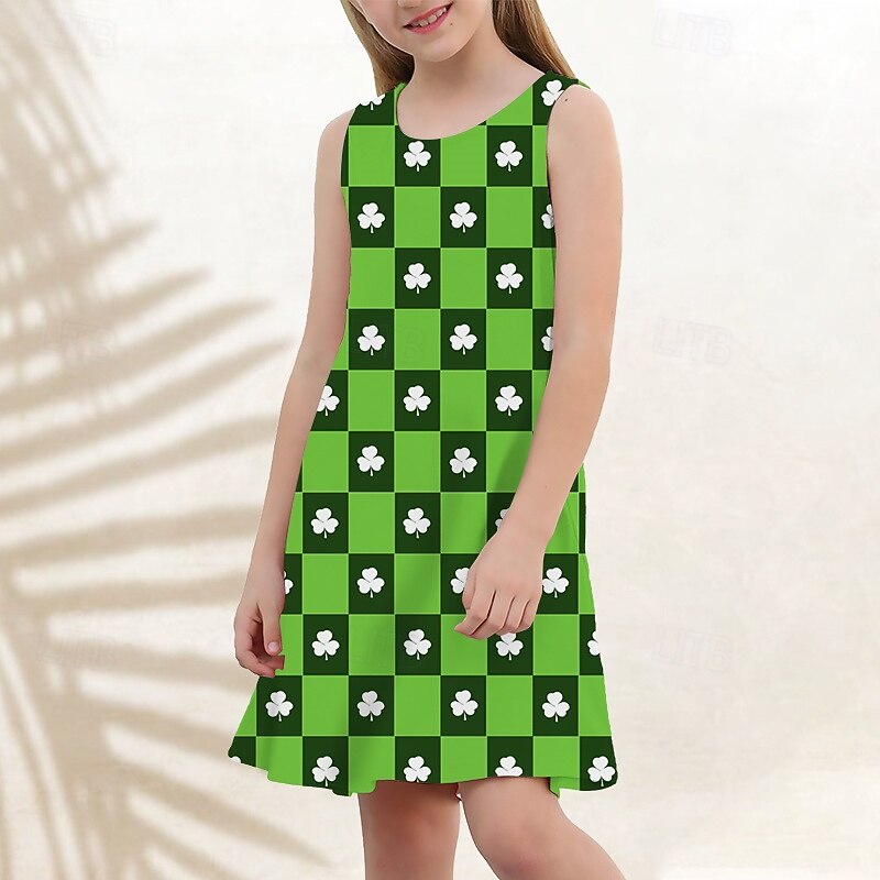St. Patrick Girls' 3D Graphic Four Leaf Clover Dress Sleeveless Summer Spring Vacation Daily Holiday Princess Beautiful Sweet Kids 4-12 Years Casual Dress A Line Dress Knee-length Regular Fit4