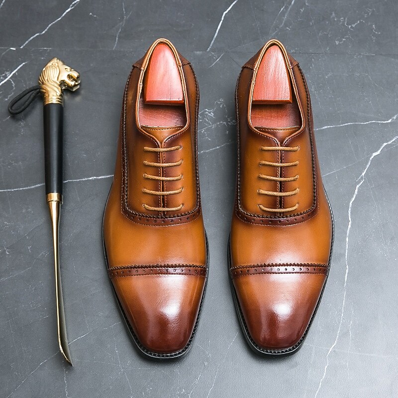 Men's Brown Faux Leather Oxford Shoes – Classic Brogue Design with Lace-Up Closure for Formal Business and Wedding Occasions2