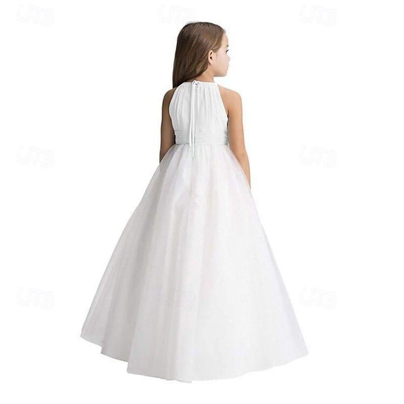 Flower Girl Dress Kid's Girls' Princess Dress Performance Wedding Party Elegant Beautiful Mesh Solid Color Sleeveless Crew Neck Black White 4 years+2
