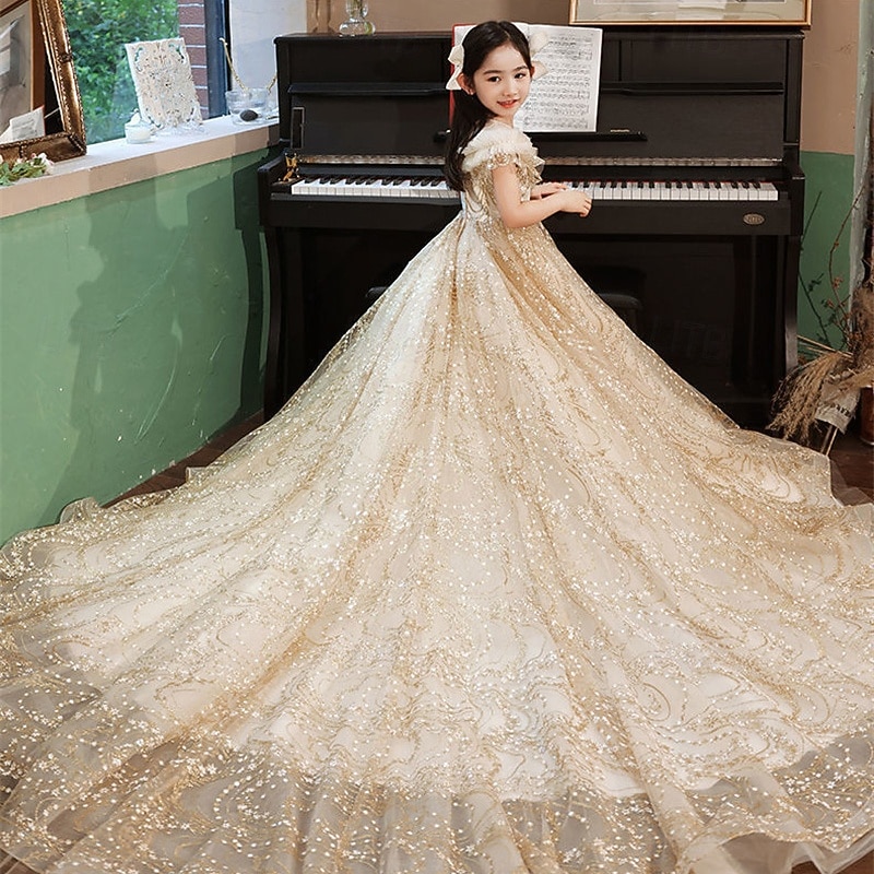 Flower Girl Dress Kid's Girls' Princess Dress Performance Wedding Party Elegant Beautiful Mesh Solid Color Short Sleeve Crew Neck Champagne 4 years+2