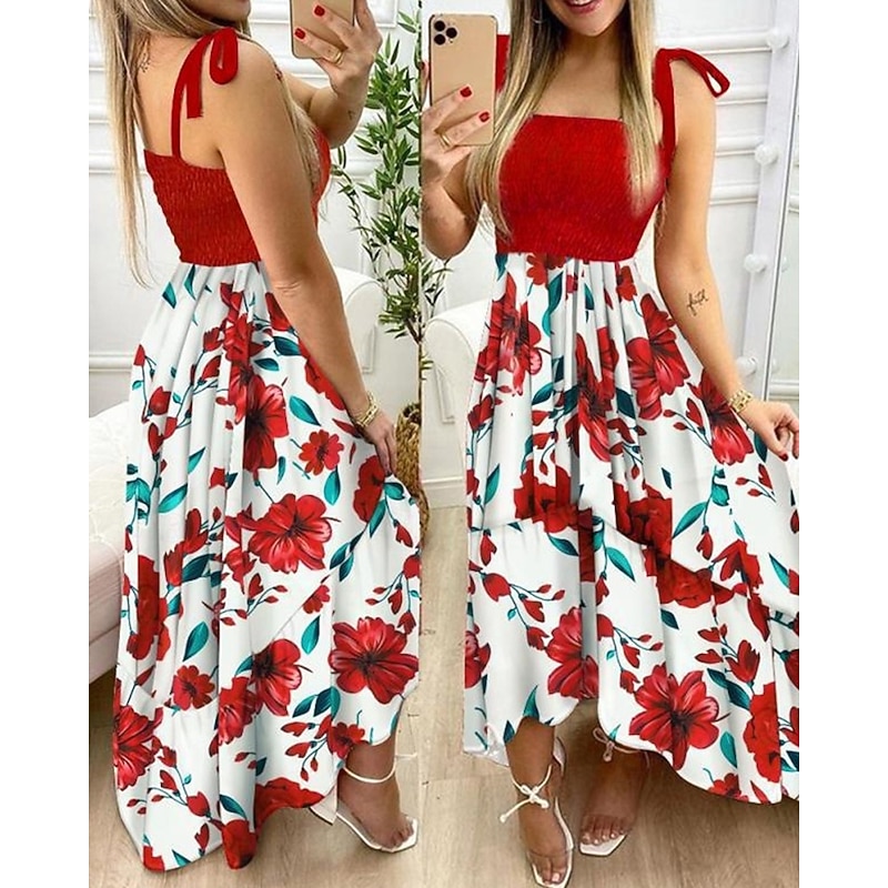 Women's Long Dress Maxi Dress A Line Dress Floral Dress Summer Dress Cami Dress Elegant Stylish Vacation Daily Date Regular Fit Floral Sleeveless Square Neck Yellow Pink Red Dark Blue Summer