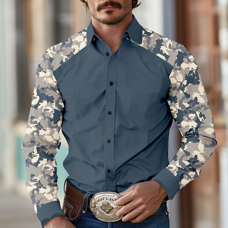 Men's Camouflage Western Shirt Long Sleeve Western Sports Outdoor Spring Fall Turndown Button Up Army Green Blue Brown Gray