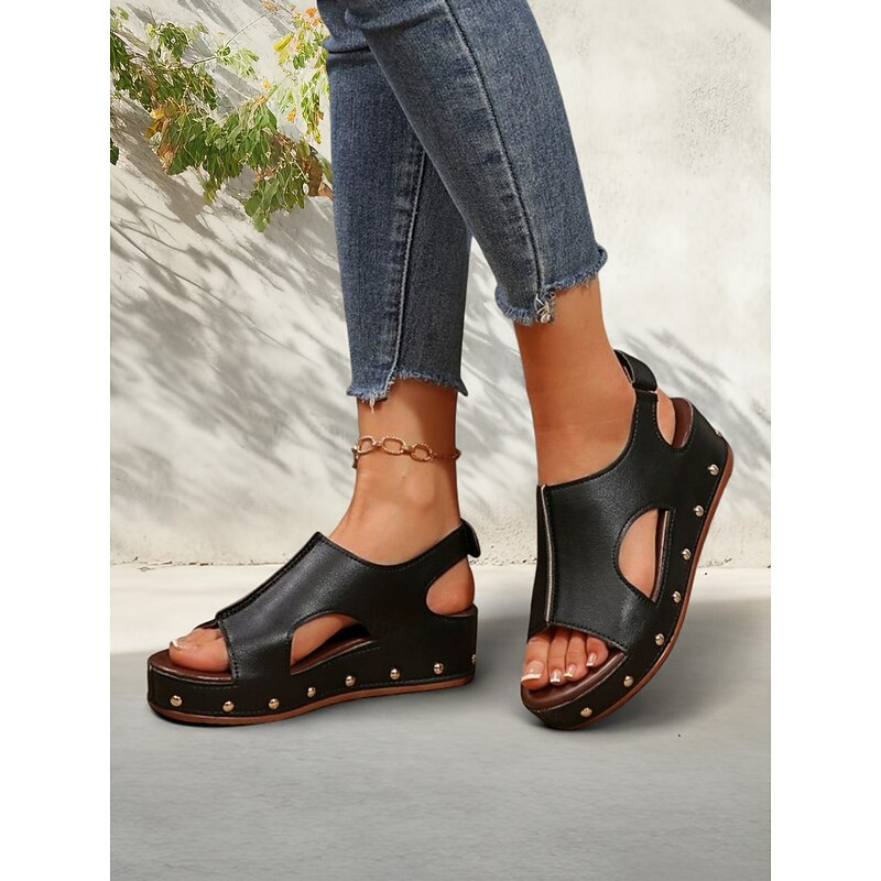 Women's Black Cut-Out Wedge Sandals with Studded Detailing and Comfortable Platform Sole - Trendy Summer Footwear for Casual and Beach Outings3