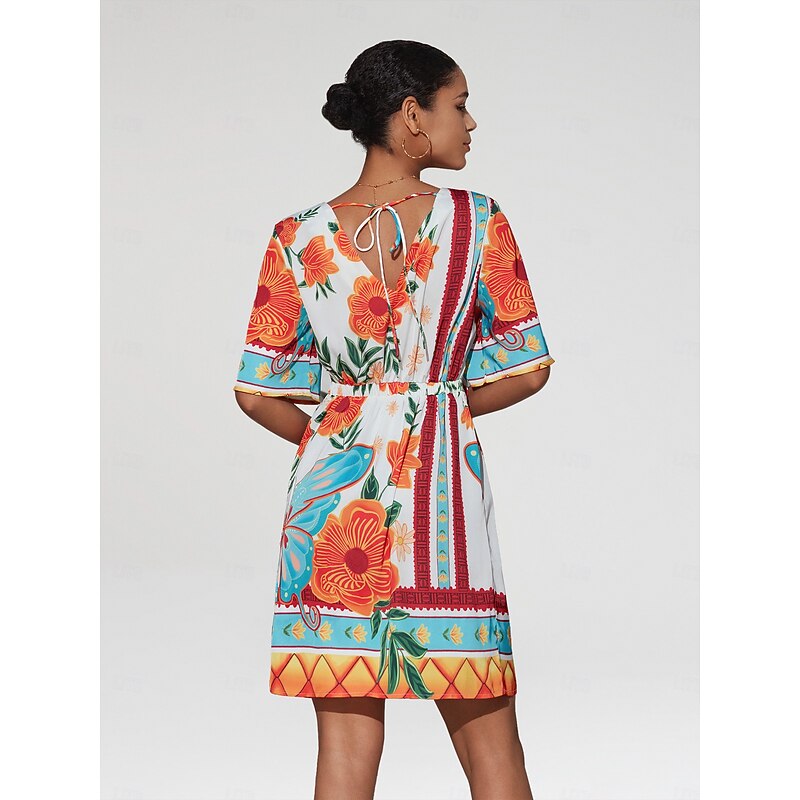 Women's Mini Dress Floral Print V Neck Half Sleeve Summer Dress Orange Flower Pattern Casual Vacation Beach Outfit Elegant Style2