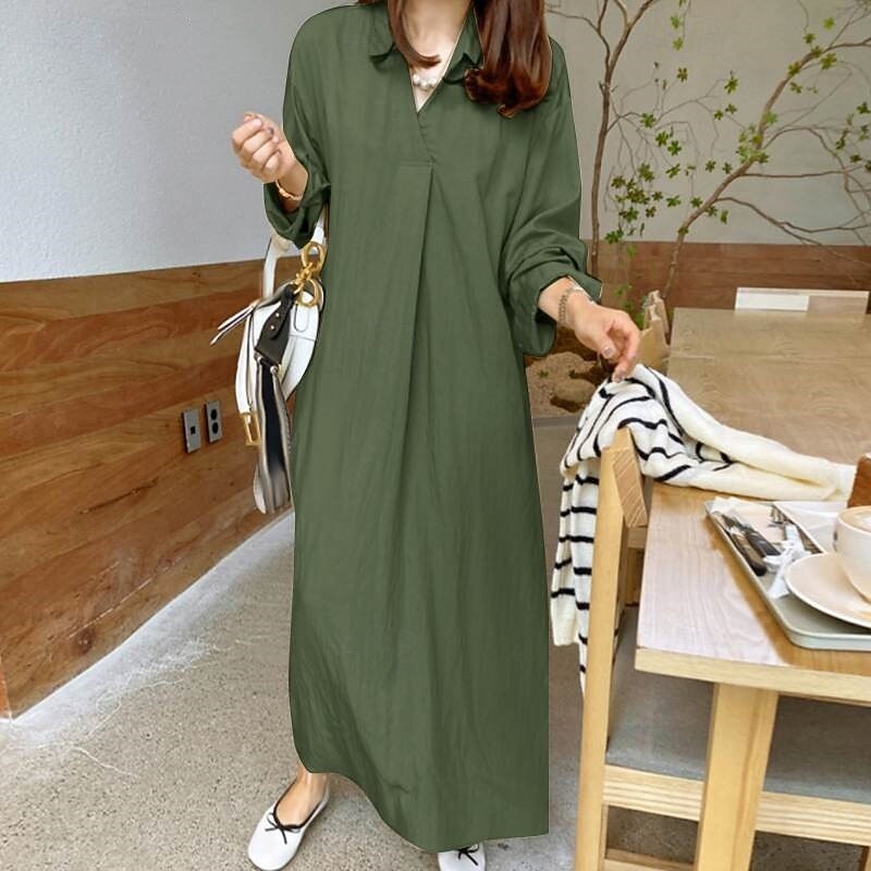 Women's Long Dress Maxi Dress Linen-Inspired Dresses Casual Dress Stylish Casual Vacation Daily Date Regular Fit Plain Long Sleeve Lapel Black Wine Khaki Army Green Summer Spring