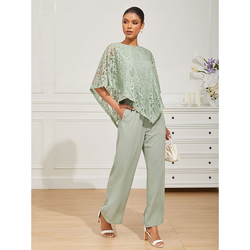 Women's Blouse Dressy Tops Plain Elegant Half Sleeve Crew Neck Regular Tops Wedding Guest Daily Lace Patchwork Layered Sage Green Summer Spring3