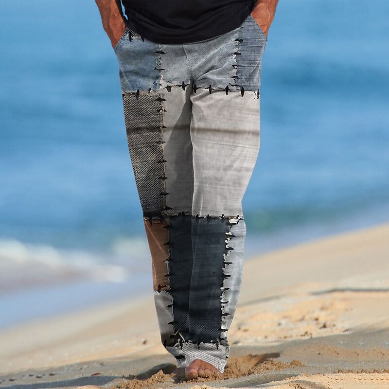 Men's Plaid Patchwork Rework Trousers Casual Pants Drawstring Elastic Waist Hawaiian Ethnic Casual Outdoor Vacation Holiday Side Pockets Straight Leg Trousers Summer Spring Fall 3D Print Blue Gray2